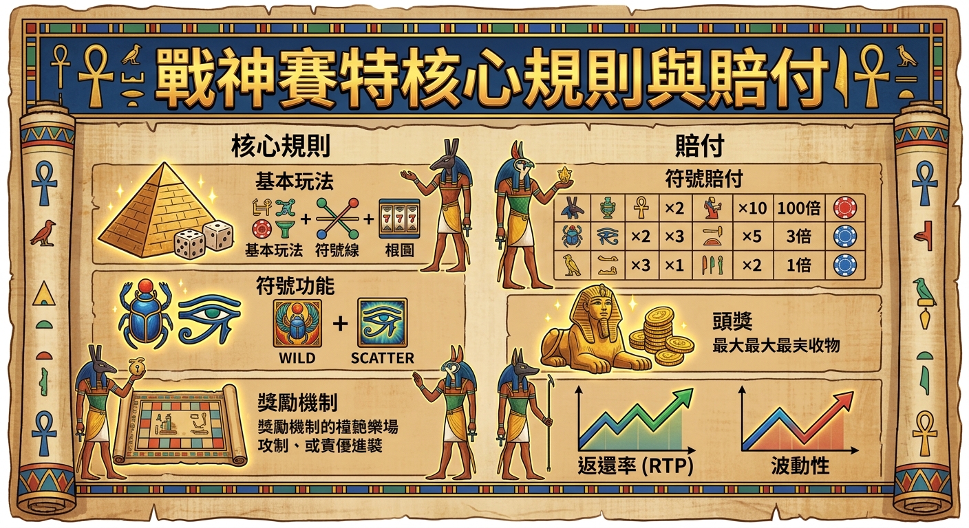 這張圖片是以古埃及風格設計的遊戲規則與賠付說明圖，包含如金字塔、聖甲蟲與荷魯斯之眼等符號。 畫面下方透過清晰的圖表與數據，詳細展示了符號功能、獎勵機制、返還率 (RTP) 及波動性。