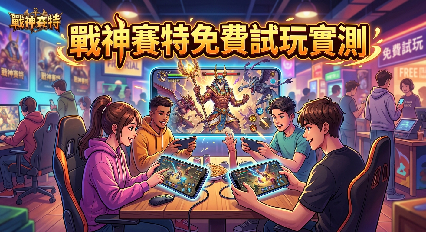 這張圖片展示了一群年輕人在電競風格的環境中，熱情地使用手機和平板電腦進行遊戲實測。 畫面的上方醒目地展示著主要標題「戰神賽特免費試玩實測」，營造出熱鬧且吸引人的遊戲體驗氛圍。